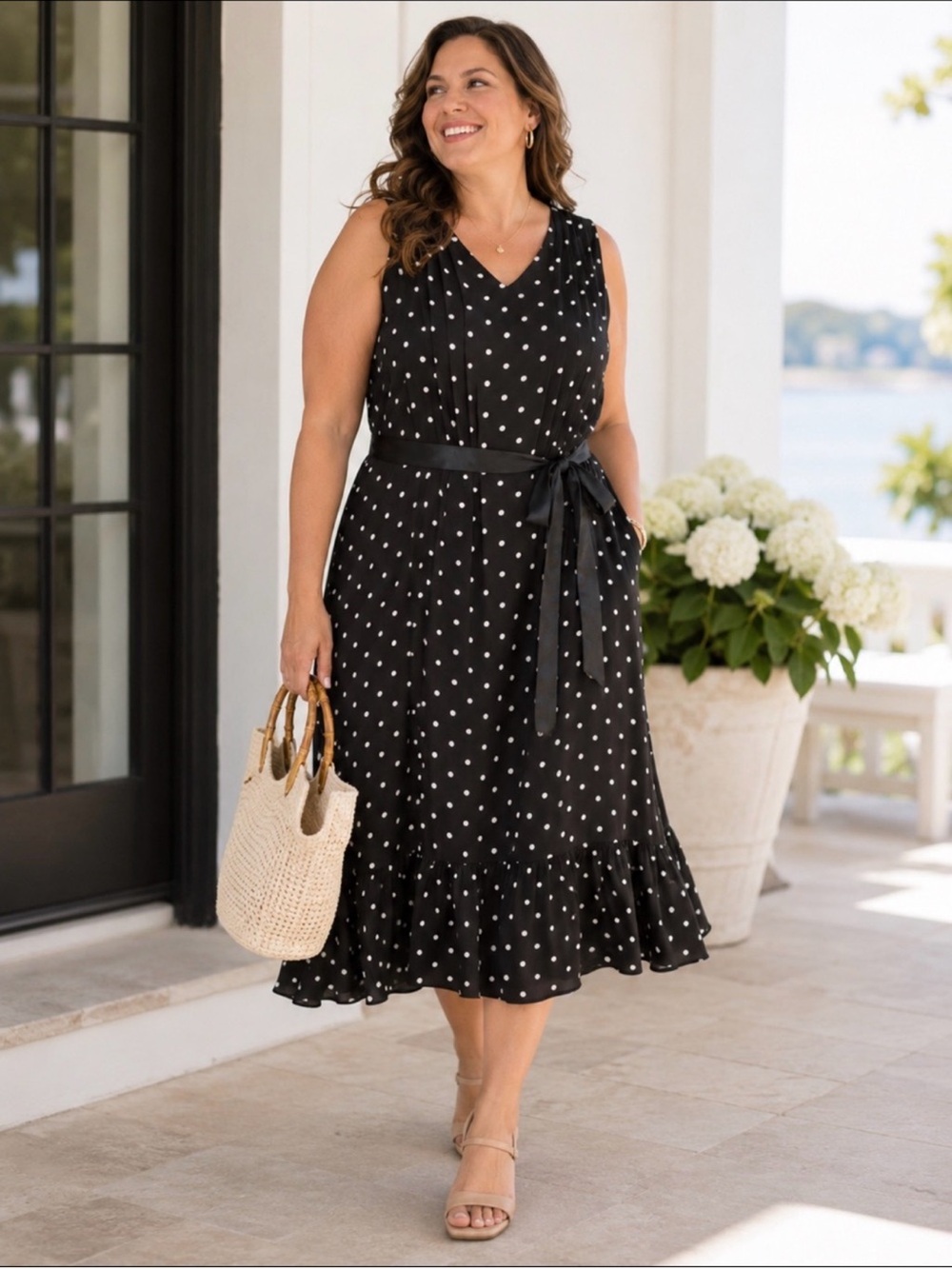 Z Studio Black Polka Dot Midi
Dress 20W Plus Size Belted
Sleeveless Ruffle Hem